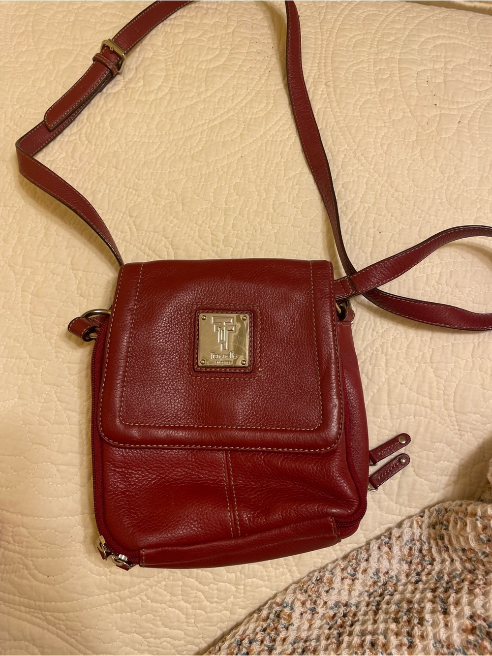 Tignanello Burgundy Leather Crossbody with Gold Plaque